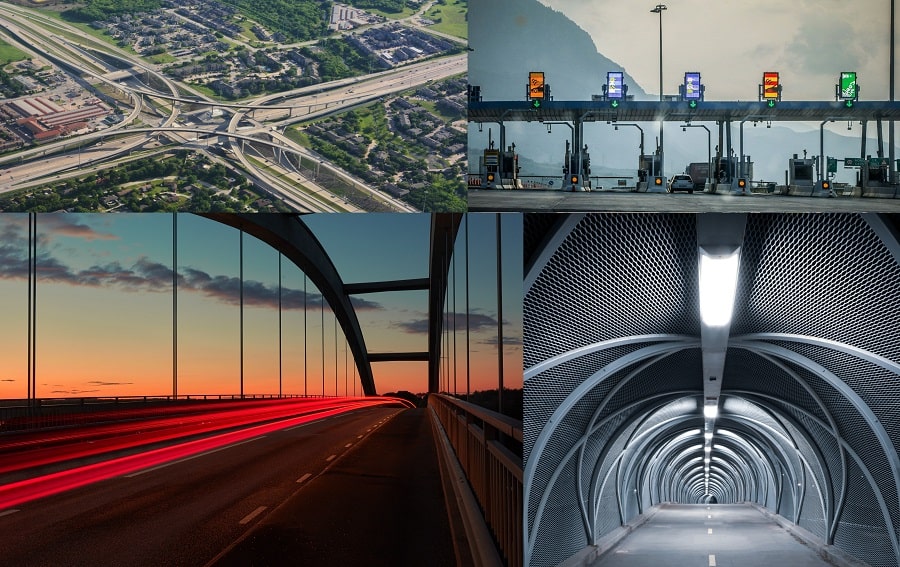 MyNP3 Next Generation through IT application systems manages traffic and incident handling on expressways - highways, providing information to stakeholders.Image Description:Collage of four images,two of them depicting highways,one depicting a toll station and one depicting a tunnel